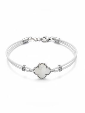 Macy’s Stainless Steel white mother of pearl and white leather bracelet NEW